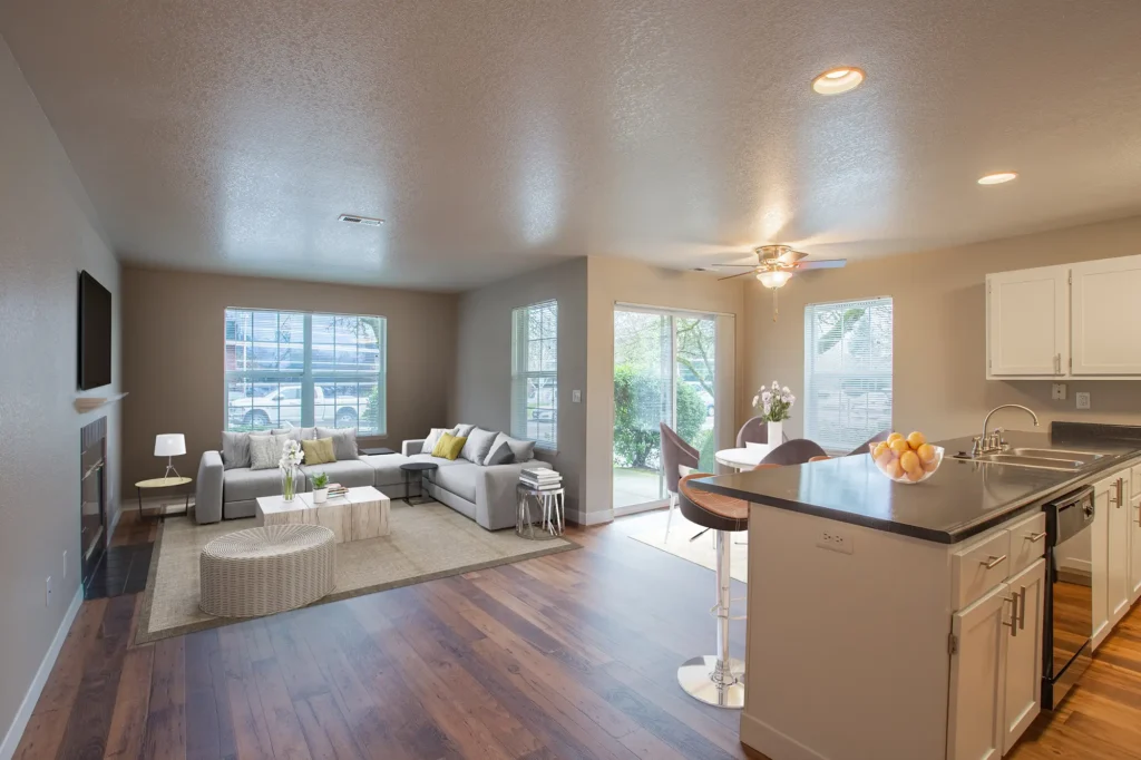 Furnished living room and dining room