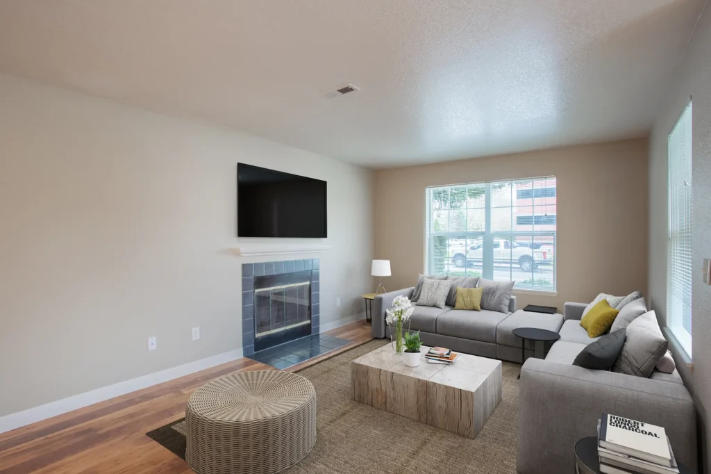 furnished living room with TV and fire place